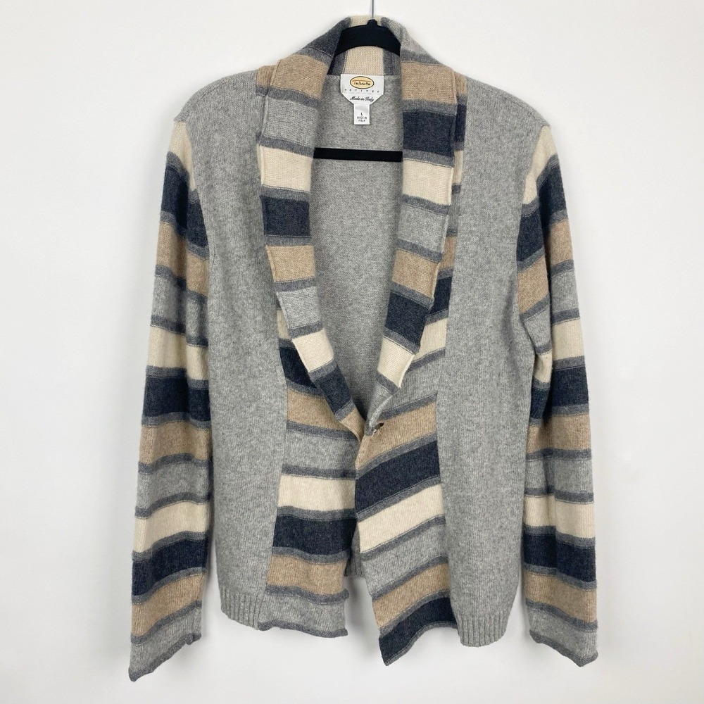 Talbots Gray Tan Wool Blend 1 Button Cardigan Petite Womens Size LP Shawl Collar